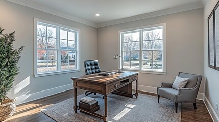 Contemporary and minimalist home office featuring a simple wooden desk, comfortable seating, and personalized accessories.