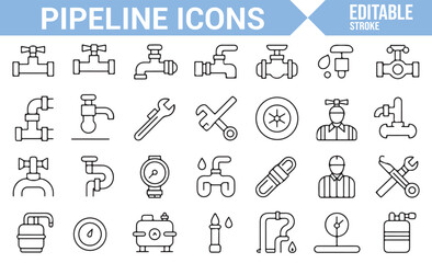 Vector Set of Pipeline and Plumbing Icons for Industrial Maintenance

