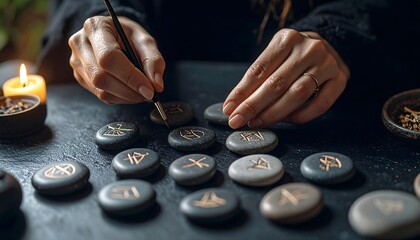 Faceless Hands Painting Runes on Small Stones for Mystical Practice