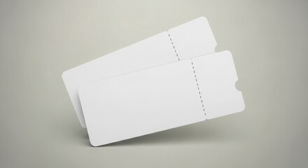 Two Blank White Ticket Stubs Floating on a Gray Background, Perfect for Mockups and Design Integration, Suitable for Events, Concerts, Promotions and Advertising, Add Your Own Text and Graphics