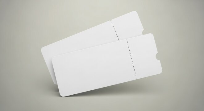 Two Blank White Ticket Stubs Floating on a Gray Background, Perfect for Mockups and Design Integration, Suitable for Events, Concerts, Promotions and Advertising, Add Your Own Text and Graphics