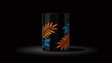 A product photograph of a matte black cylindrical container with a tropical leaf design against a dark background.