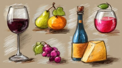 Exquisite still life drawing, a timeless depiction of wine, glass, and pear in artistic harmony