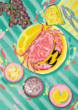 Mediterranean Still Life with Crab, Lemon, Grapes and Bread &ndash; Food Illustration, Top view