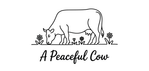 Line Art Illustration of a Peaceful Cow Grazing in a Field