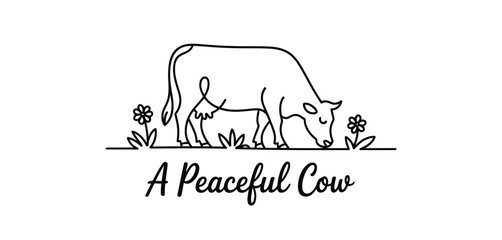 Line Art Illustration of a Peaceful Cow Grazing in a Field