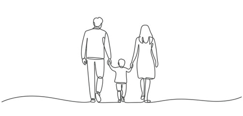 Family Walking Away Holding Hands Line Art Illustration