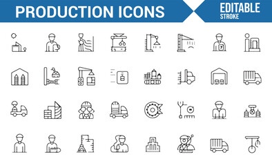 Collection of Worker and Factory Icons for Industry and Production