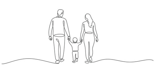 Family of Three Walking Away Holding Hands Line Art