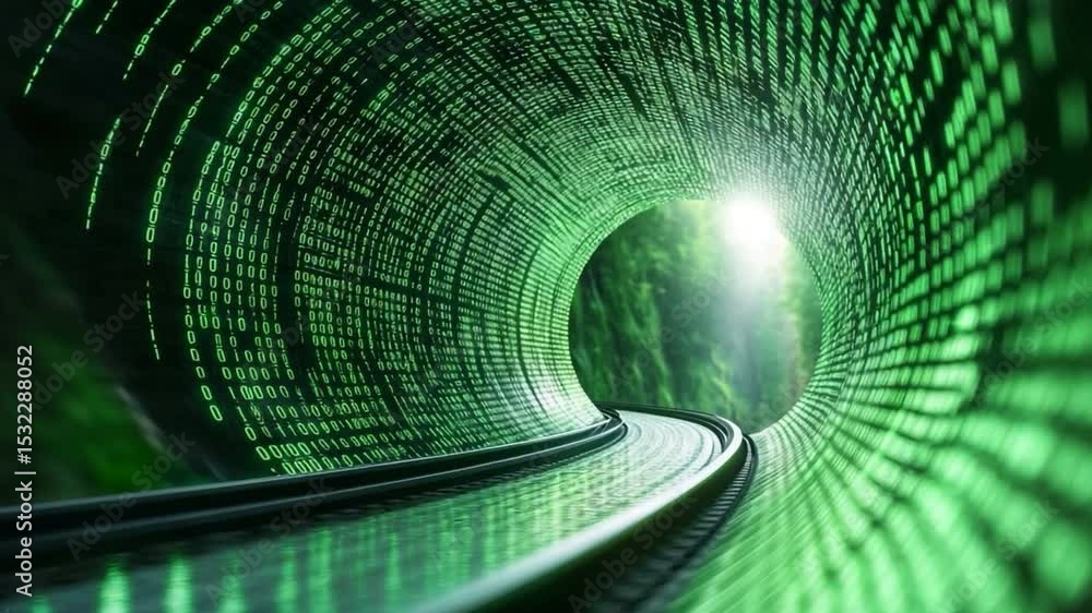 Poster Digital Path: A compelling visual journey through a digital tunnel, with binary code cascading along the walls, leads toward the light.