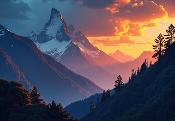 Sunset over Snow-Capped Mountain Range and Coniferous Forest