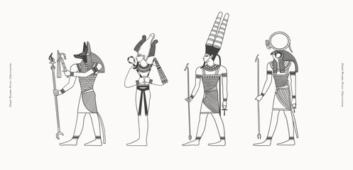 Ancient Egyptian gods Anubis, Osiris, Amon, Ra. Deities of Ancient Egypt. Ancient gods with symbols of power. Ideal for educational content, history books, museum materials, and cultural designs.