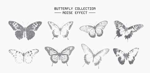 Collection of noisy grayscale butterfly illustrations with noise texture effect, ideal for vintage designs, prints, and nature artwork
