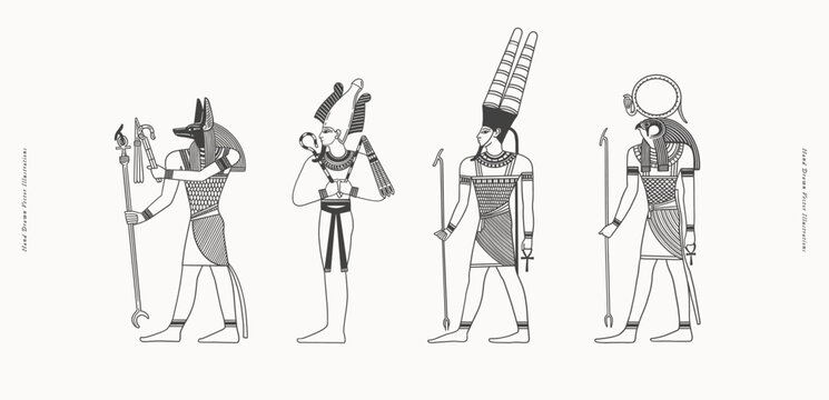 Ancient Egyptian gods Anubis, Osiris, Amon, Ra. Deities of Ancient Egypt. Ancient gods with symbols of power. Ideal for educational content, history books, museum materials, and cultural designs.