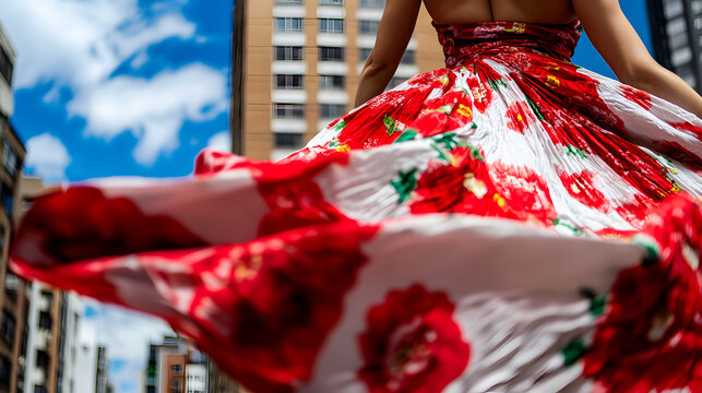 A person twirls in a flowing red and white floral dress with urban buildings and a blue sky in the background.