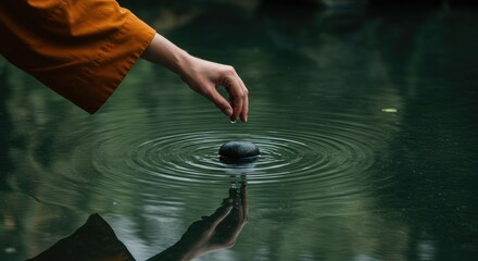 A hand gently places a stone into a still pond.  Tranquil scene