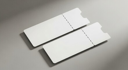 Two Blank White Tickets Mockup Lying on a Gray Surface Ready for Branding and Text, Ideal for Events, Concerts, Movies and Theater Promotion, Creating Excitement