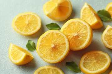 Freshly Sliced Lemons on Light Blue Background