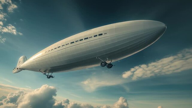 Dramatic view of a vintage airship gracefully soaring above cumulus clouds, against blue skies