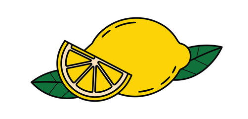 Whole Lemon with Slice and Leaves Illustration