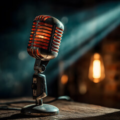 Vintage Microphone on Wooden Table Retro Recording Studio Atmosphere