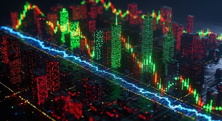A city landscape overlaid with financial charts, vibrant and futuristic