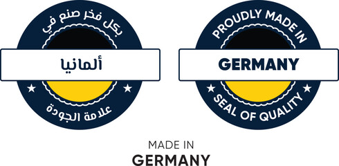 Made in Germany. Premium labels English and Arabic, stickers, pointer, badge and symbol of Germany flag icon. Collection vector illustration