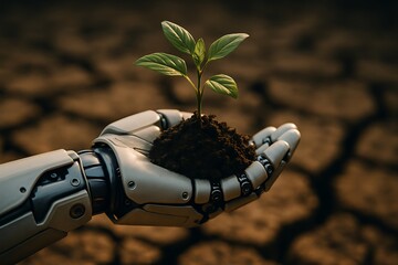 A robotic arm holds a seedling in cracked earth