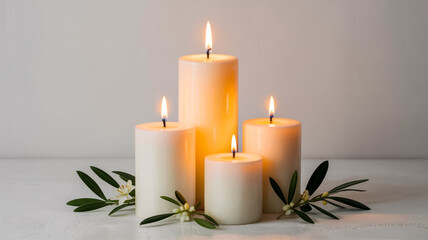 A product photography shot of four white pillar candles of varying heights arranged on a light gray surface