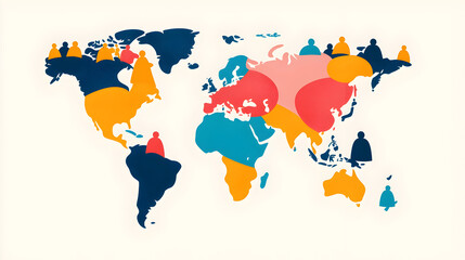 World map with colorful, abstract human silhouettes representing population distribution across continents.