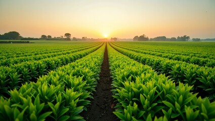 Aligned green tobacco field at sunset under clear glowing sky