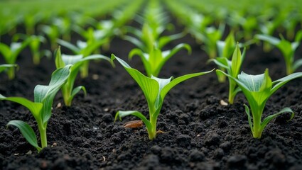 Young green corn plants growing in dark fertile soil
