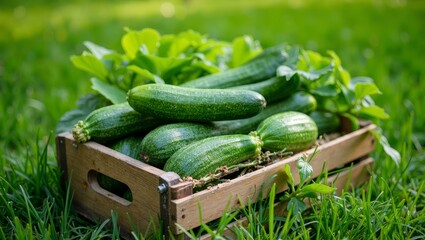 Fresh green zucchinis in wooden crate on grassy field background