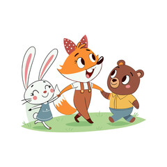Fototapeta premium cartoon-fox-holding-hands-with-a-bunny-and-a-bear illustration