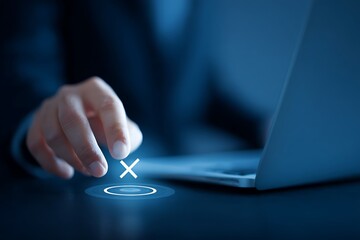 Hand touches check and cross icons on virtual screen, quality control and customer service