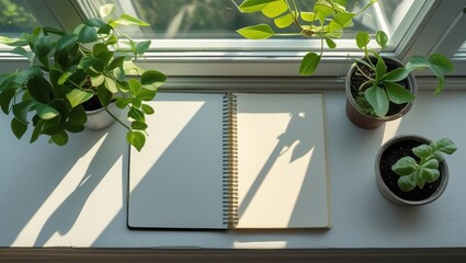 Open notebook on sunny windowsill with plants