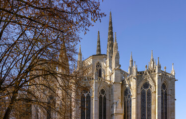 The Cathédrale Saint-Andre showcases intricate gothic architecture, detailed windows, and spires,...