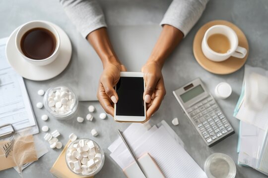 Gig worker checking multiple job apps on a phone, sitting at a cluttered desk with coffee and stress pills.