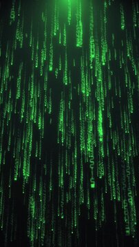 Matrix style futuristic background with cascading streams of green digital code with glitch effect. Cybersecurity and hacking concept. Full HD and looping vertical cyber technology background.
