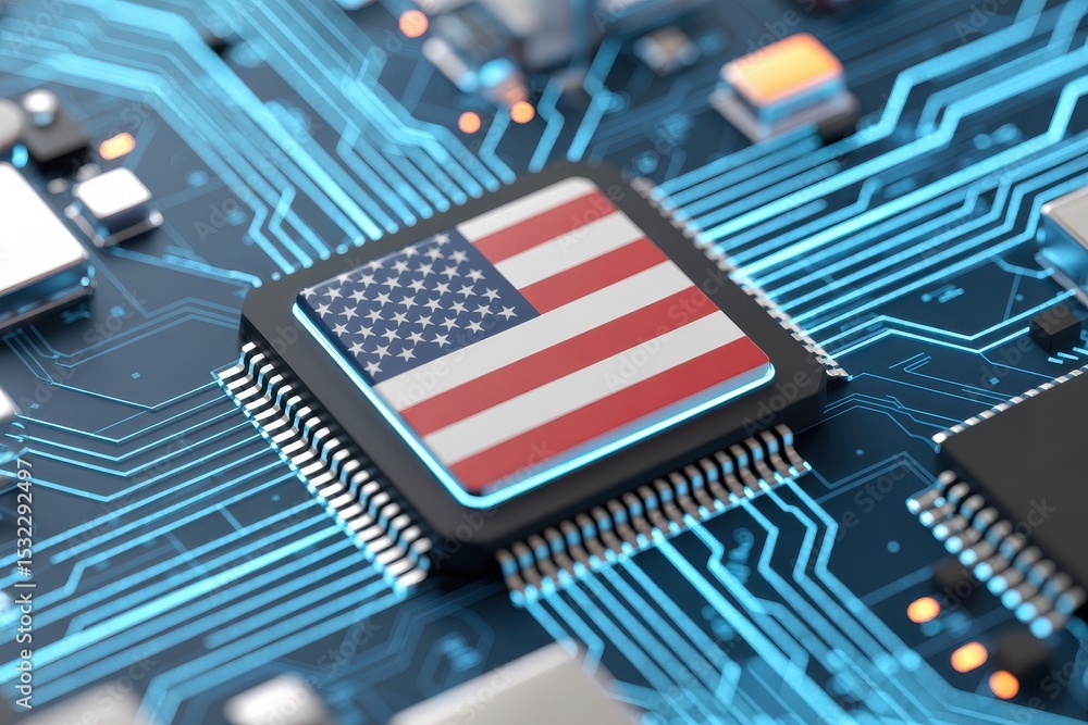 Poster computer microchip with detailed national flag on surface over glowing circuit board background