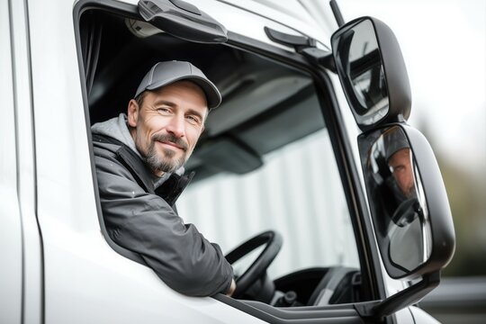 Portrait of a smiling truck driver inside a truck.