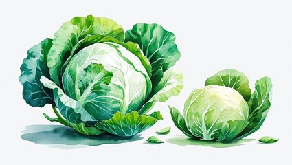 Obraz premium Two Green Cabbages with Watercolor Texture and Delicate Veining on a White Background