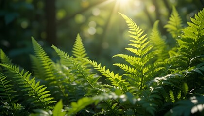 Beautiful Ferns Leaves Green Foliage Natural Floral Fern Background with Sunlight Glare on the Leaves
