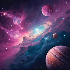 Vibrant Cosmic Nebula with Planets and Stars     

