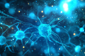 Close-up view of glowing neurons in blue tones.