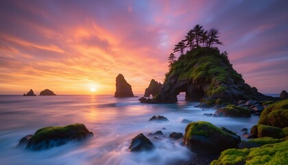 Beautiful Sunset Seascape with Unique Rock Formations Covered in Green Moss Soft Focus from Slow Shutter Effect