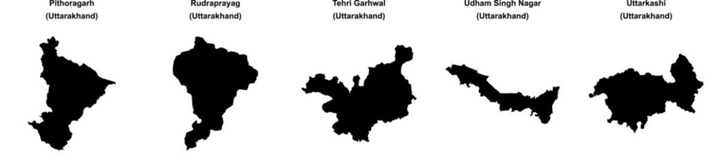 Obraz premium Pithoragarh, Rudraprayag, Tehri Garhwal, Udham Singh Nagar, Uttarkashi outline maps