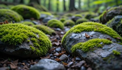 Beautiful Bright Green Moss Covering Rough Stones and Forest Floor Macro View Moss Texture on Rocks in Nature Soft Focus Wallpaper