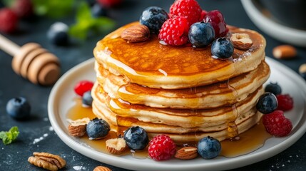 Fluffy golden pancakes stacked high, drizzled with maple syrup and topped with fresh raspberries, blueberries, and crunchy nuts. A cozy, indulgent breakfast treat.