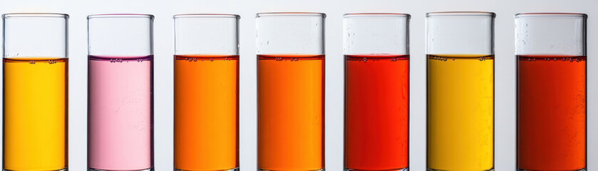 Fototapeta premium Colorful laboratory glassware filled with vibrant liquid in test tubes, showing range of warm hues and scientific setup